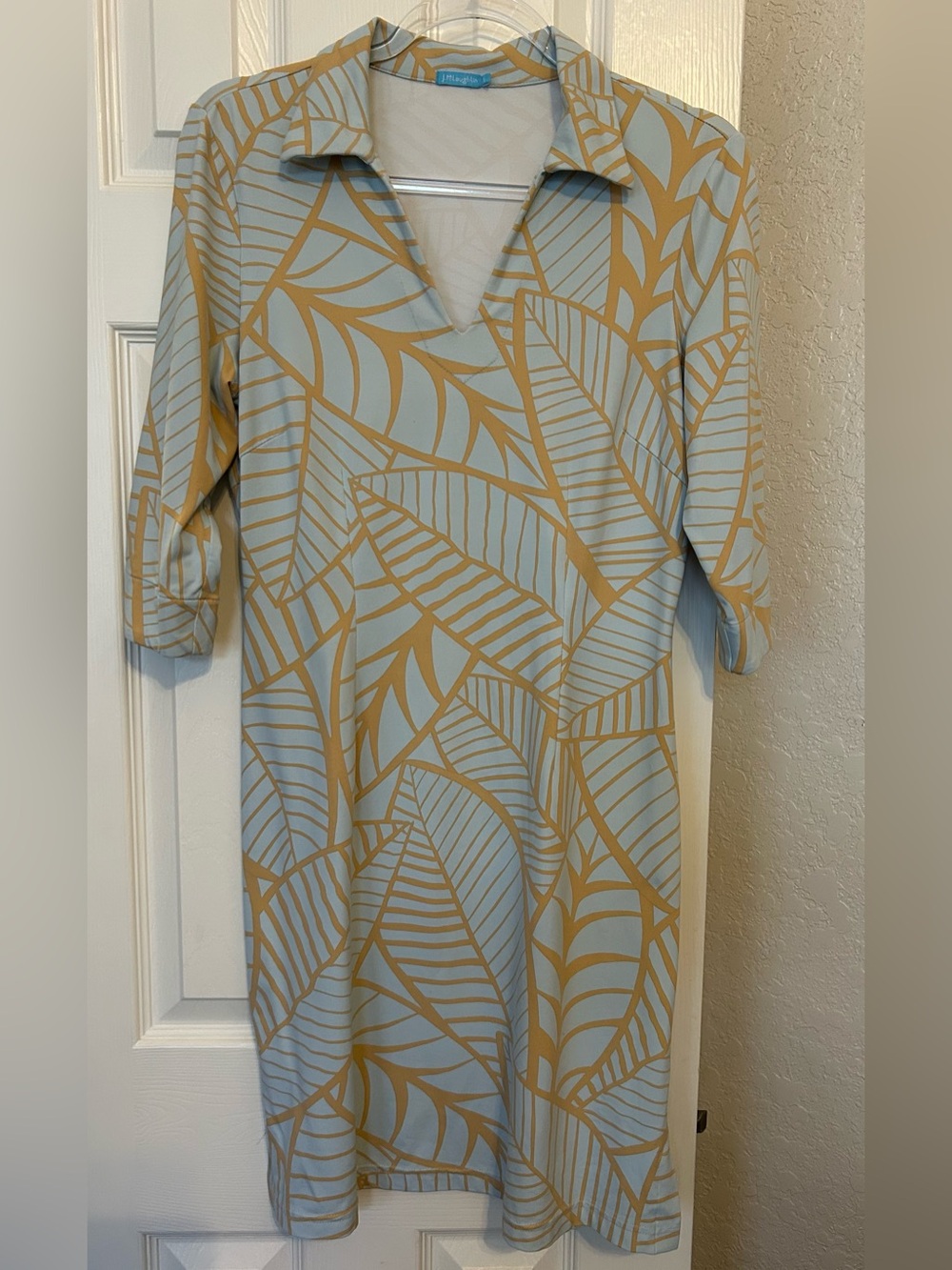 J. McLaughlin Light Blue and Gold Collared V-Neck Catalina Cloth Dress